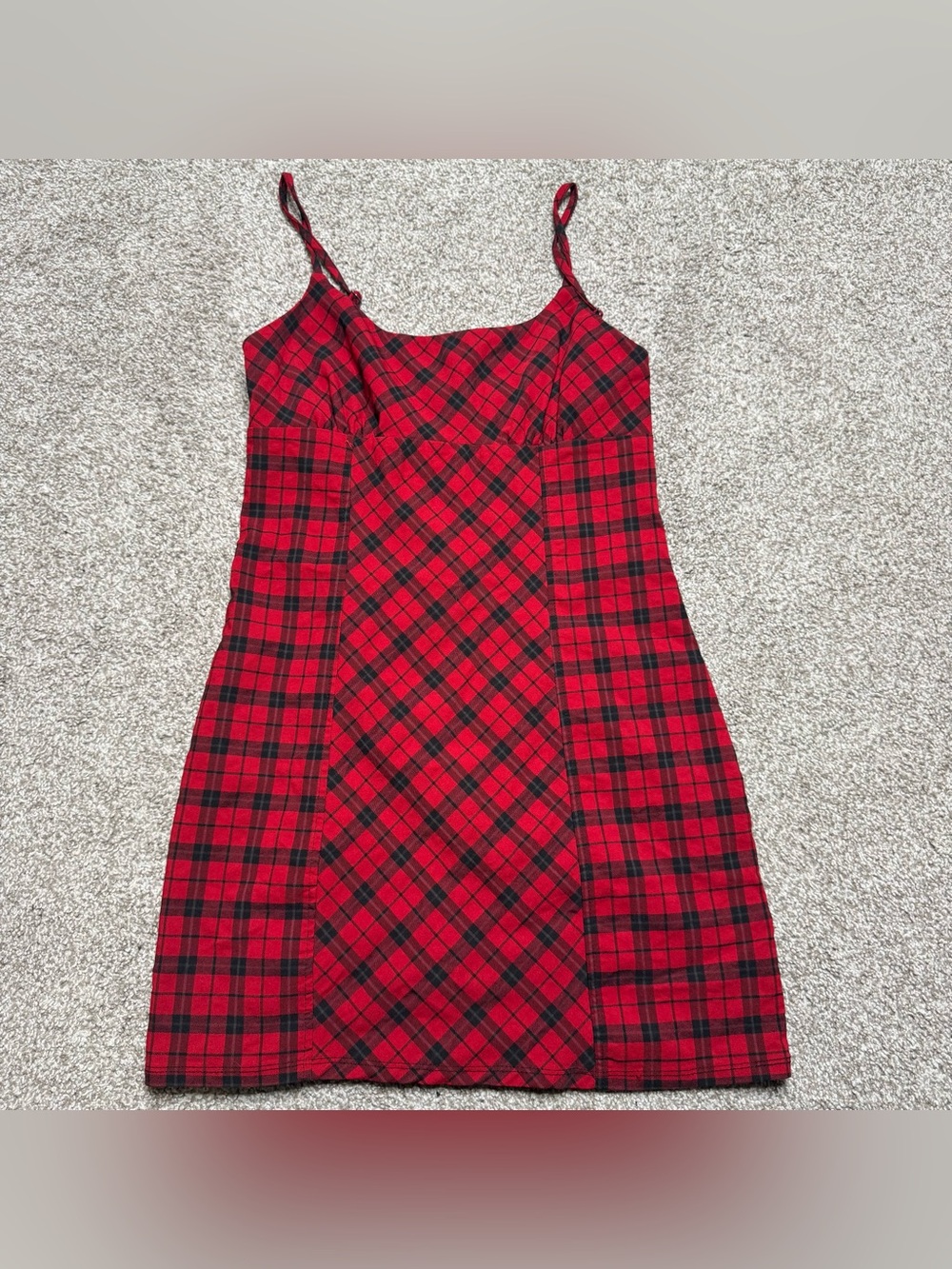 Red plaid mini dress with spaghetti straps